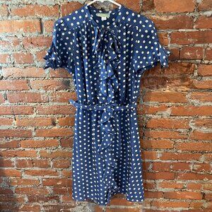 ANTHROPOLOGIE Lil Blue Polka Dot Hailstones Silk Ruffle Trim Belted Dress Size 6